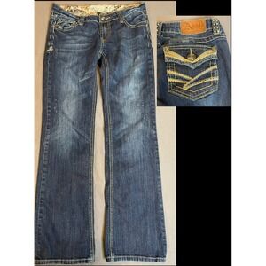 Adiktd Jeans Women's Size 6 W/29 Blue Bootcut Low Rise Distressed Embroidered